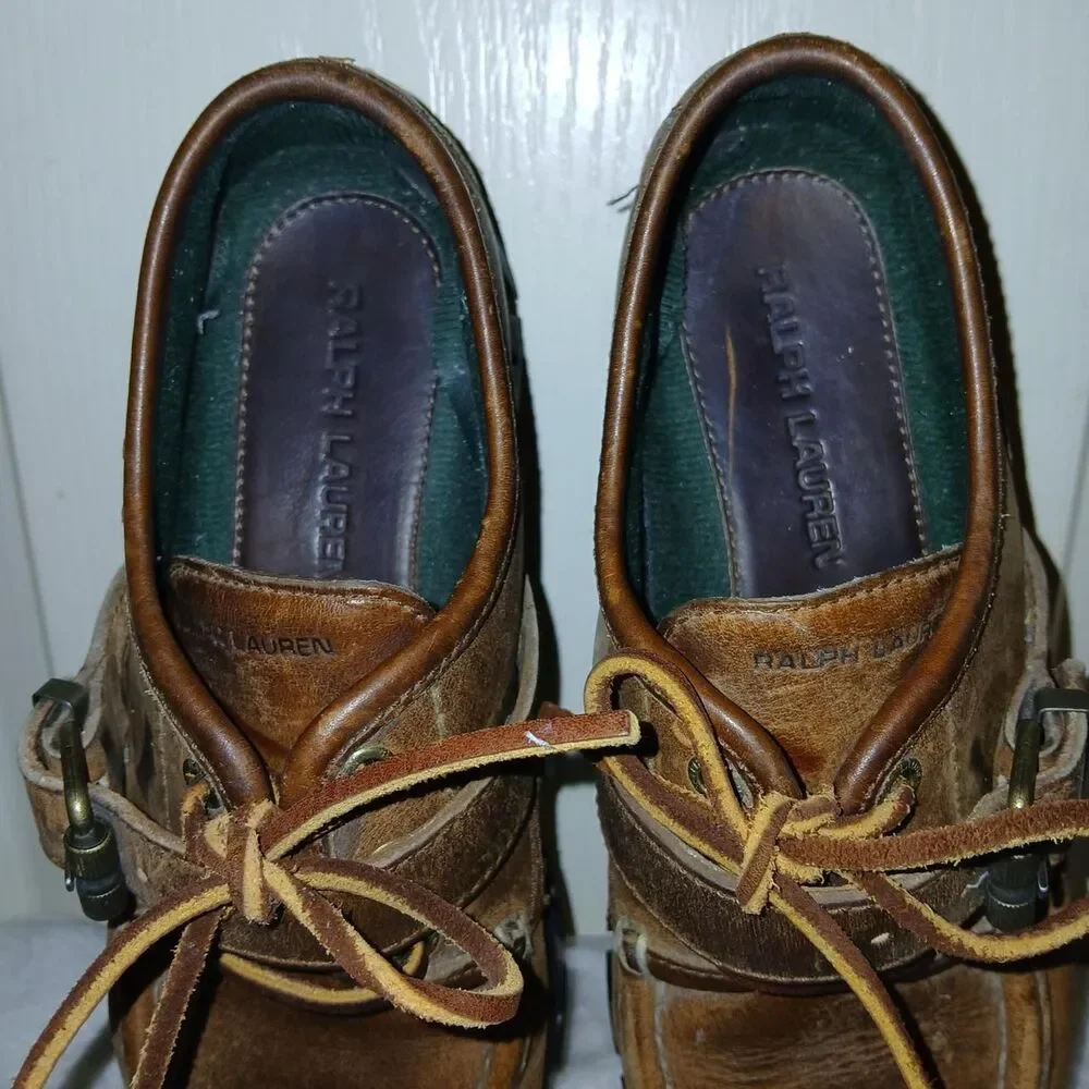 Y2K Vintage Ralph Lauren Brown Leather Buckle Strap Lug Sole Shoes 9 Preppy